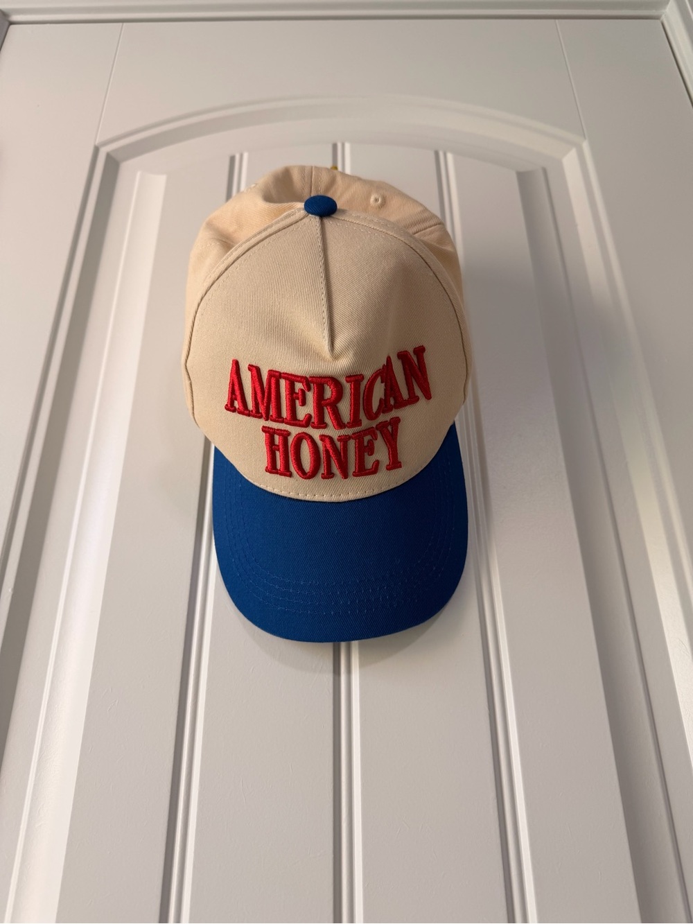 American Honey Two-Tone Trucker Hat in Beige and Blue